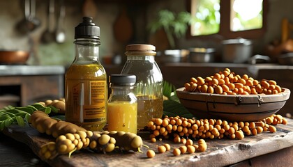 Wall Mural - Rustic kitchen showcasing tamarind extract and pods among a variety of culinary ingredients