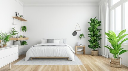 This cozy bedroom displays a minimalist black and white poster adorned with vibrant shapes, contributing to the modern decor and artistic ambiance of the space