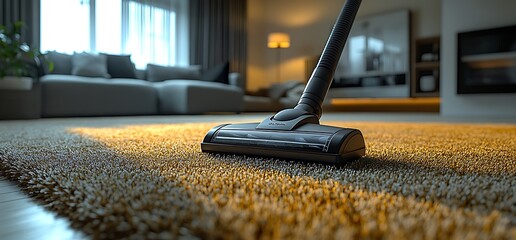 Close-up of a vacuum cleaner head cleaning a carpet in a living room.