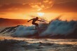 © Valentin - Surfer Riding Waves at Sunset with Vibrant Sky and Ocean Spray