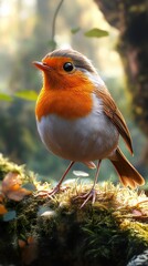 Poster - Closeup of a Robin Bird Perched on a Mossy Branch