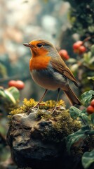 Sticker - A Close-Up View of a Robin Perched on a Mossy Rock