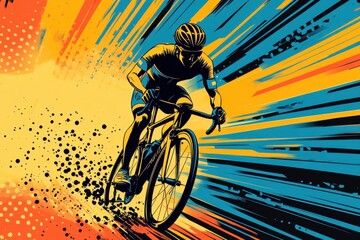 Wall Mural - Vibrant comic-style illustration of a cyclist in motion against a dynamic, colorful background capturing the essence of speed and energy