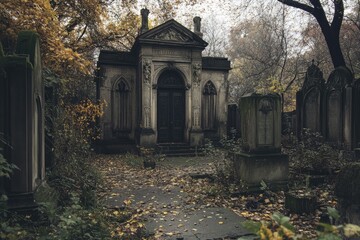 Poster - Ornate Stone Mausoleum in an Overgrown Cemetery