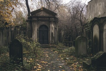 Sticker - Overgrown Cemetery Entrance with a Black Door