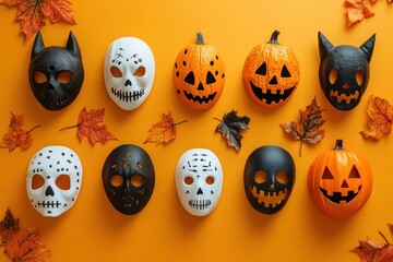 Halloween themed flat lay with spooky masks and pumpkins on a vibrant orange background