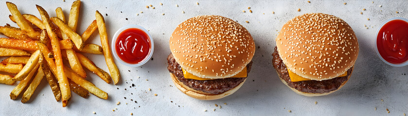 Wall Mural - Two hamburgers and two french fries are on a table