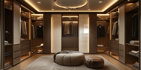 Canvas Print - modern brown dressing room with luxury white wooden wardrobe and soft led light 