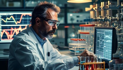 Wall Mural - environmental scientist conducting data analysis in a laboratory filled with charts and scientific equipment