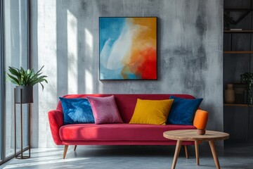 Wall Mural - This modern living room features a vibrant multicolored sofa against chic concrete walls, complemented by lush greenery, creating an ideal minimalist space for relaxation and comfort