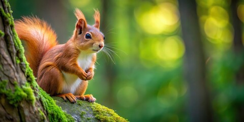 Wall Mural - Curious red squirrel sitting on a tree in a forest setting