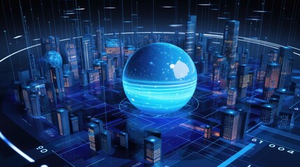 Wall Mural - A futuristic city with a glowing blue sphere in the center, representing digital technology and innovation.