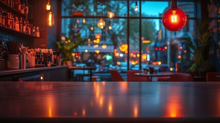 Wall Mural - Empty bar counter with warm light in a cafe with blurred background.