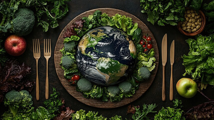 A creative representation of Earth made from vegetables and fruits, showcasing natures bounty