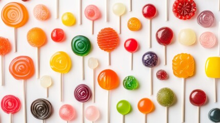 Leinwandbilder - A vibrant array of colorful lollipops arranged in a whimsical pattern on a white background, showcasing a variety of shapes and flavors
