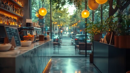 Wall Mural - Modern cafe interior with marble counter, large windows, and street view.