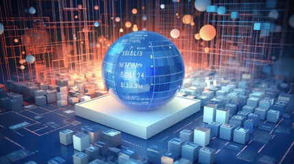 A futuristic digital globe with abstract data and geometric shapes.