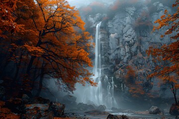 Wall Mural - Enchanting Autumn Waterfall Surrounded by Vibrant Orange Foliage