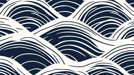 Canvas Print - Abstract seamless pattern with curved lines in navy blue and white colors.