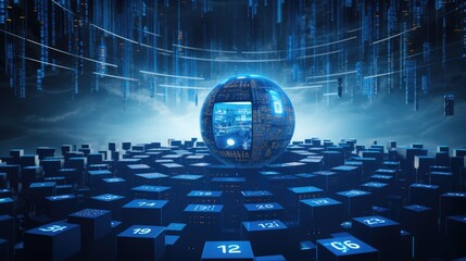 A glowing sphere with digital code sits atop a field of blue cubes against a backdrop of falling digital code.