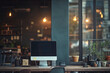 © Chin - Screen monitor on working desk in office, Selective focus monitor screen on wooden table with warm light lamp in cozy vibe cafe.
