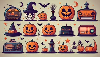 icon set with elements like an old-fashioned witch, skeleton, haunted radio, black cat, crescent moon, and a retro-style pumpkin. The icons have a faded, muted color palette, evoking a nostalgic 1950s