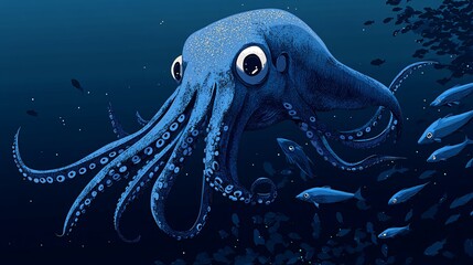 Wall Mural - A cartoon octopus with big eyes, blue body, and eight tentacles surrounded by a school of fish in a dark blue ocean.