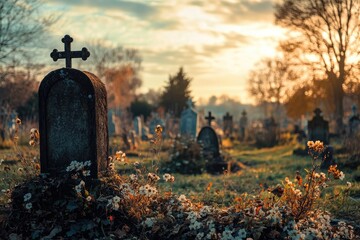 Poster - A Single Headstone with a Cross in a Cemetery at Sunset