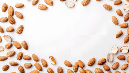 Wall Mural - Frame made of organic almond nuts on white background. Space for text