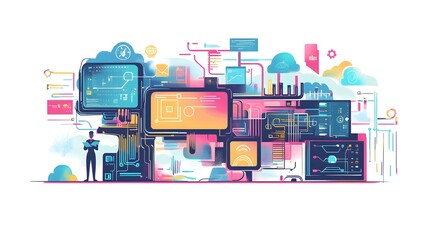 Abstract Technology Illustration with Person Holding a Tablet