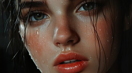 Sticker - Close-Up Portrait of a Woman with Water Drops on Her Skin