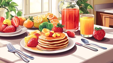 A breakfast table setting with a stack of pancakes, fruit, and a glass of orange juice.