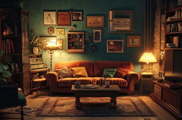 Poster - Cozy Living Room with Warm Lighting and Vintage Decor