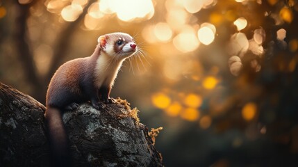 Wall Mural - A Curious Ferret Gazes at the Sunset Through the Trees