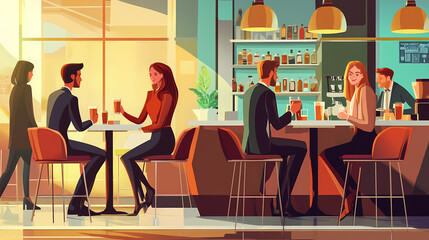 Business people enjoying coffee and drinks while having meetings in cafes and bars. Crowded Caf. Illustration