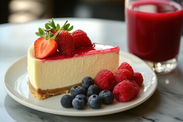 A slice of creamy cheesecake topped with strawberries and raspberries, served with blueberries and a glass of berry juice.