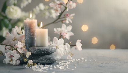 Wall Mural - Composition of burning candles, spa stones and flowers on table. Space for text