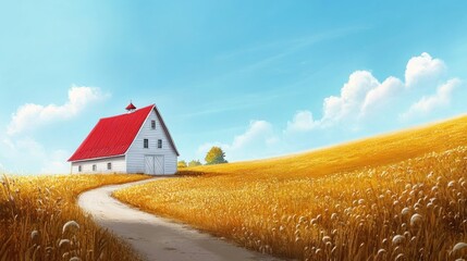 Wall Mural - Countryside Barn with Red Roof and Winding Road