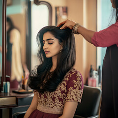 Canvas Print - indian young woman getting her hair blow dried at a salon with maroon and cream color interior