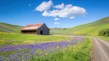 Canvas Print - Rustic Barn in a Field of Wildflowers