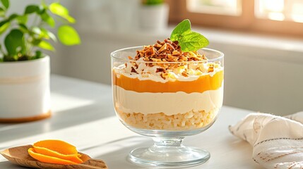 A delicious layered dessert featuring creamy yogurt, orange, and crunchy toppings, beautifully displayed in a glass bowl.