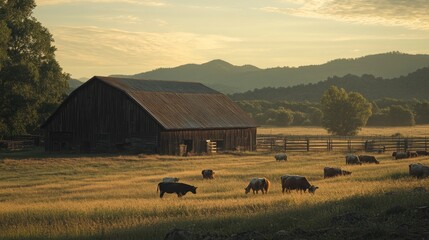 Poster - Rustic Barn and Cows in a Picturesque Meadow