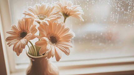 Wall Mural - A bouquet of pale pink gerberas in a white vase on a windowsill with rain drops on the window pane.