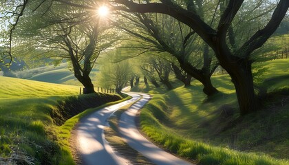 Wall Mural - Serene rural lane beneath ancient trees with dappled sunlight illuminating the winding path on a picturesque spring day