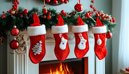 Wall Mural - Festive Christmas Stockings Adorning a Beautifully Decorated Fireplace Mantel