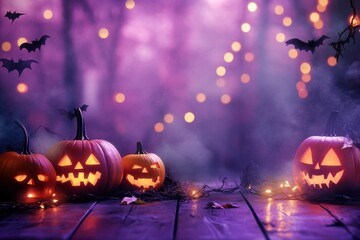 Halloween-themed background with pumpkins, lights, and a dark purple sky Halloween night scene Generative AI