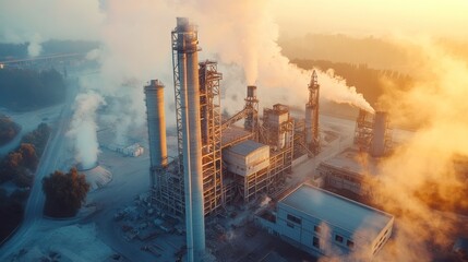 Aerial view of an industrial power plant at sunrise, showcasing smokestacks and steam rising against a golden sky.