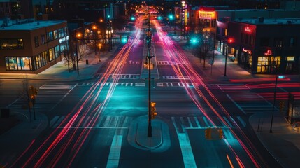 Fototapete - A wide shot of an intersection with multiple traffic lights, including both vehicular and pedestrian signals, in a vibrant urban setting.