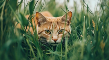 Wall Mural - Ginger Cat Hiding in the Grass