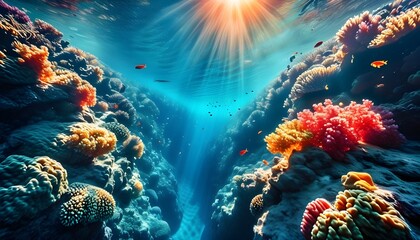 Wall Mural - Vibrant Coral Reef Teeming with Tropical Fish Illuminated by Sunlight, Celebrating Marine Biodiversity and Underwater Ecosystem